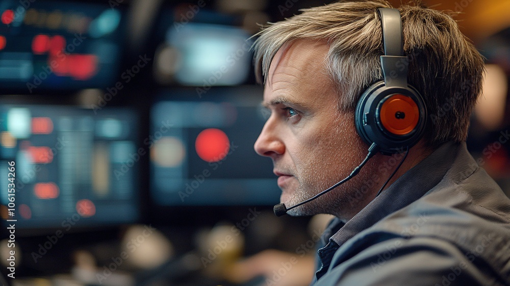 Poster Trader wearing headphones tracking real-time stock data in a fast-paced trading environment filled with multiple screens with empty space for text