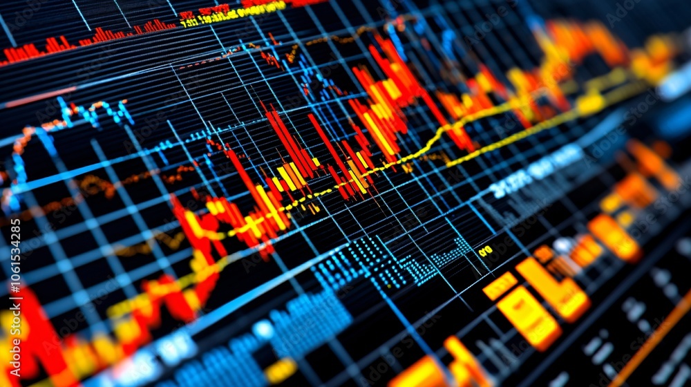 Aufkleber Close-up of candlestick chart on a computer screen, showing patterns of stock price movement over time with a professional trading setup with empty space for text