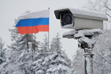 Snow-Covered Security Camera with Russian Flag in Winter Landscape.