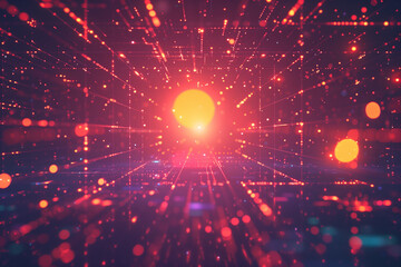 Obraz premium Synthwave wireframe net sunset illustration. Abstract digital background. 80s, 90s Retro futurism, Retro wave cyber grid. Deep space surfaces. Neon lights glowing. Starry background. Sunset retro