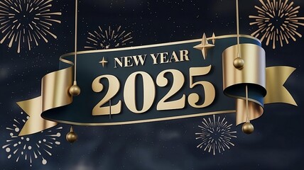 Elegant New Year 2025 celebration banner with gold ribbon and fireworks on a dark, festive background.	