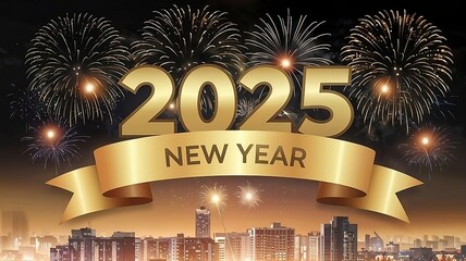 Elegant New Year 2025 celebration banner with gold ribbon and fireworks on a dark, festive background.	