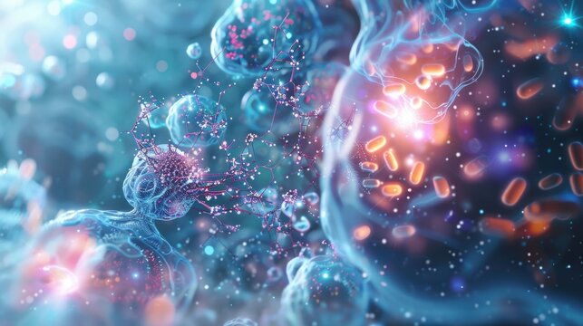 A futuristic 3d digital artwork showcasing a vitamin molecule interacting with glowing cells in the human body, illustrating the molecular support of biological processes