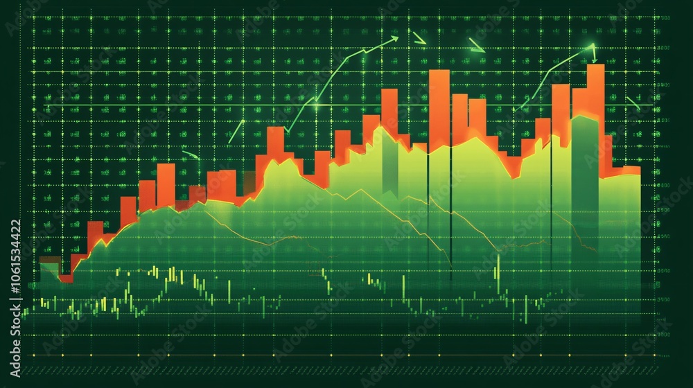 Poster Line graph of market indices with a trend of upward movement in green showing stock market recovery in a digital setup with empty space for text
