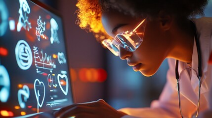 Doctor Using Laptop with Bright Data Display