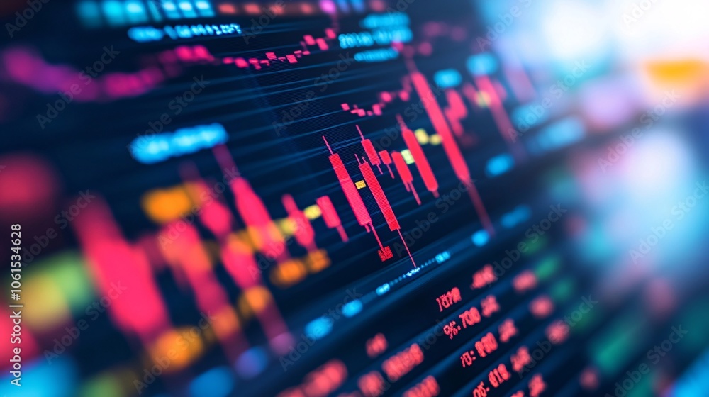 Poster Conceptual graphic of market downturn with red arrows and financial crisis indicators in a dark, professional background with empty space for text