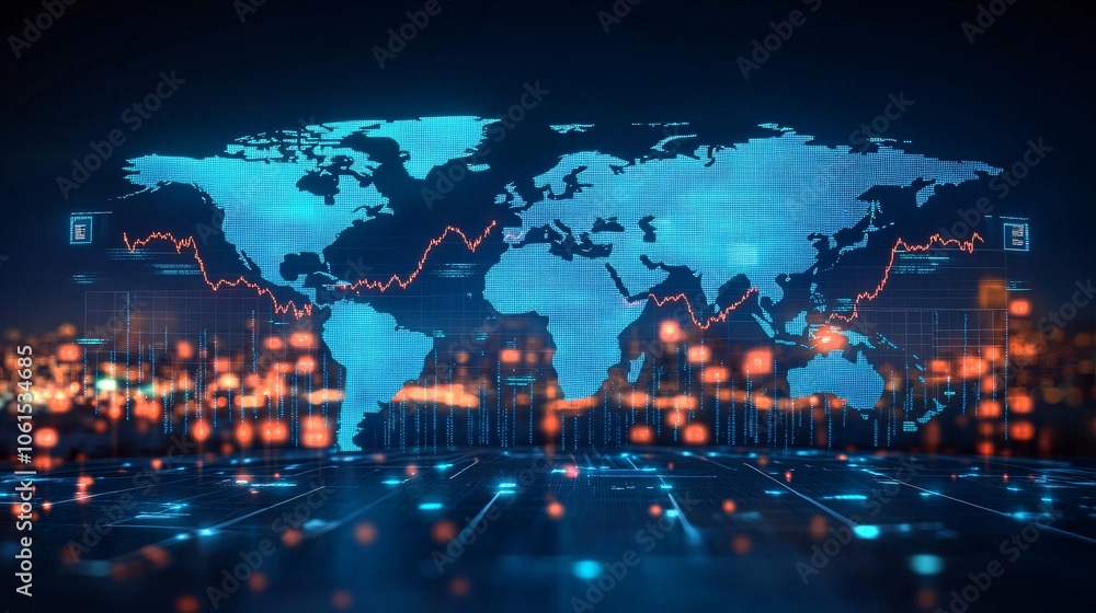Poster Digital world map with overlaid stock market performance data and currency exchange values, showing global economic impact with empty space for text