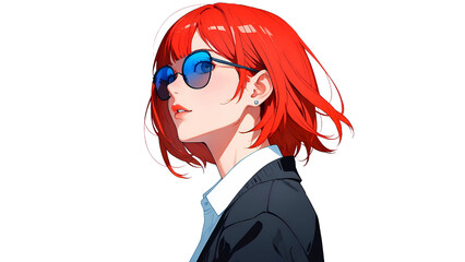 A vibrant anime-style portrait of a red-haired woman with beautiful eyes and blue sunglasses. She embodies both coolness and cuteness. Exuding a modern and energetic aesthetic.
