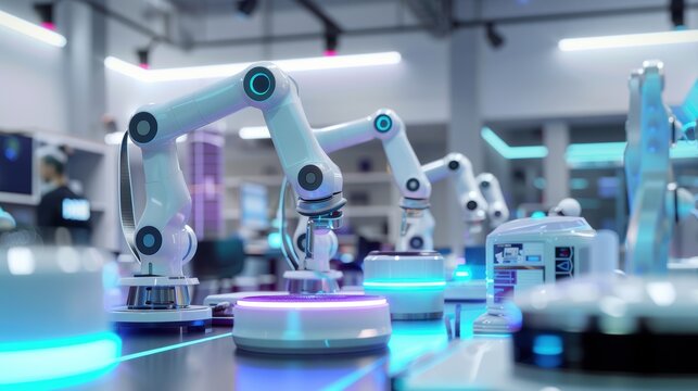 Futuristic factory with robotic arms assembling smart home devices like speakers and thermostats. engineers run tests ensuring seamless integration with voice-activated technologies