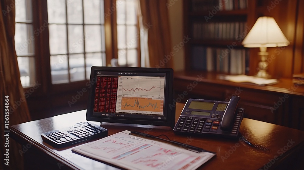 Leinwandbilder high-angle view of a financial advisors desk with various financial charts, graphs, and an open stoc