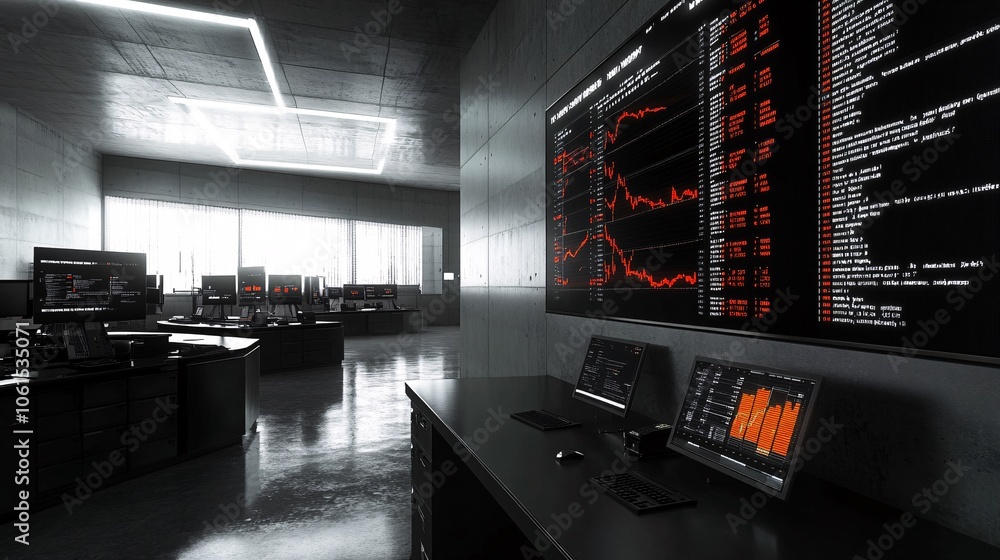 Aufkleber Stock trading floor environment with real-time ticker screens, desks, and financial graphs displaying market fluctuations with empty space for text
