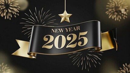 Elegant New Year 2025 celebration banner with gold ribbon and fireworks on a dark, festive background.	