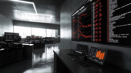 Stock trading floor environment with real-time ticker screens, desks, and financial graphs displaying market fluctuations with empty space for text