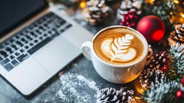 Festive latte art beside laptop and ornaments