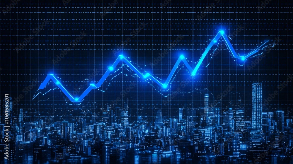 Poster conceptual image of a growing stock market trend line rising upward over a background of global econ