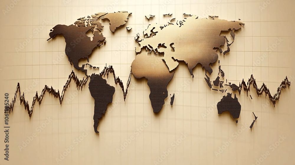 Poster conceptual image of a growing stock market trend line rising upward over a background of global econ