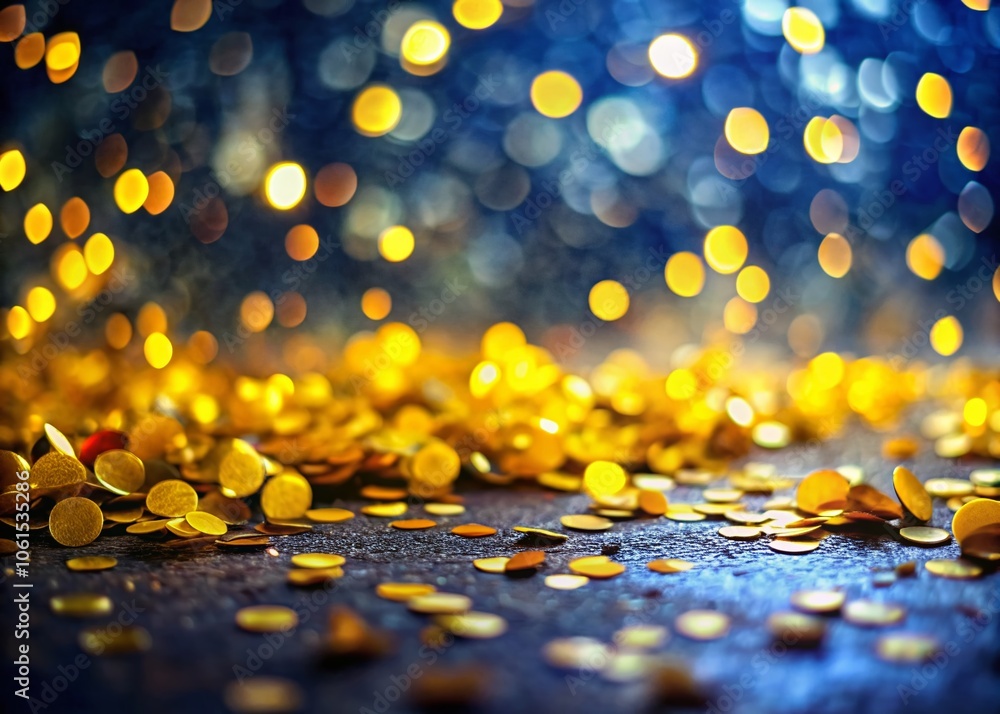 Poster yellow confetti on dark blue background - vibrant horizontal border with bokeh effect, perfect for c