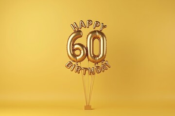 Celebrating 60th Birthday with Golden Balloons against Vibrant Yellow Background Creating a Joyful and Festive Atmosphere.