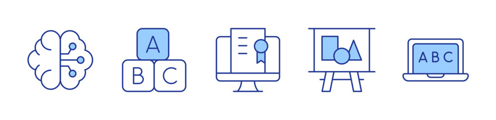 geometric shapes, elearning, brain, abc block, online education. icon vector illustration. Line Duotone style. Editable stroke