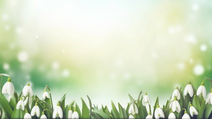 Frame with empty space featuring snowdrops against a soft pastel spring background