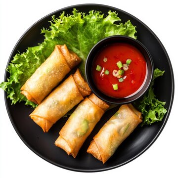 Fried spring rolls served on a black plate with crispy golden-brown exterior