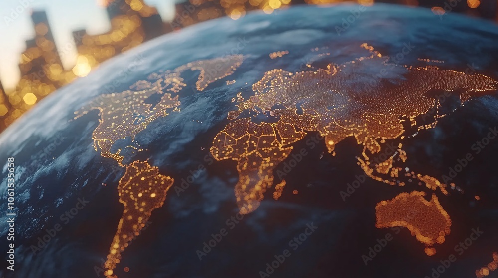 Poster illustration of stock market trends and growth patterns displayed on a transparent holographic inter