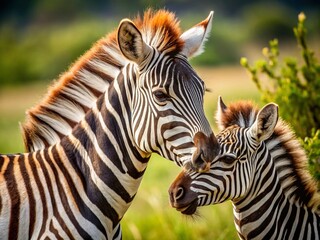 Fototapeta premium Young Zebra Feeding from Its Mother in the Wild - Macro Photography of Adorable Animal Behavior in Nature, Capturing the Bond Between Mother and Foal in a Serene African Landscape