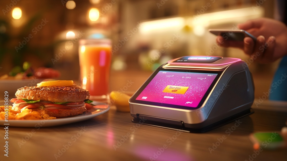 Poster Financial technology concept showing a person making contactless payments with a smartphone at a terminal in a bright, modern environment with empty space for text