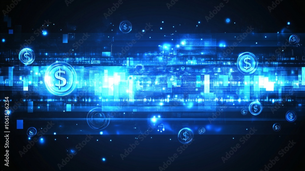 Poster Abstract graphic of a digital financial ecosystem with glowing lines connecting global currency symbols and financial icons over a dark blue background with empty space for text