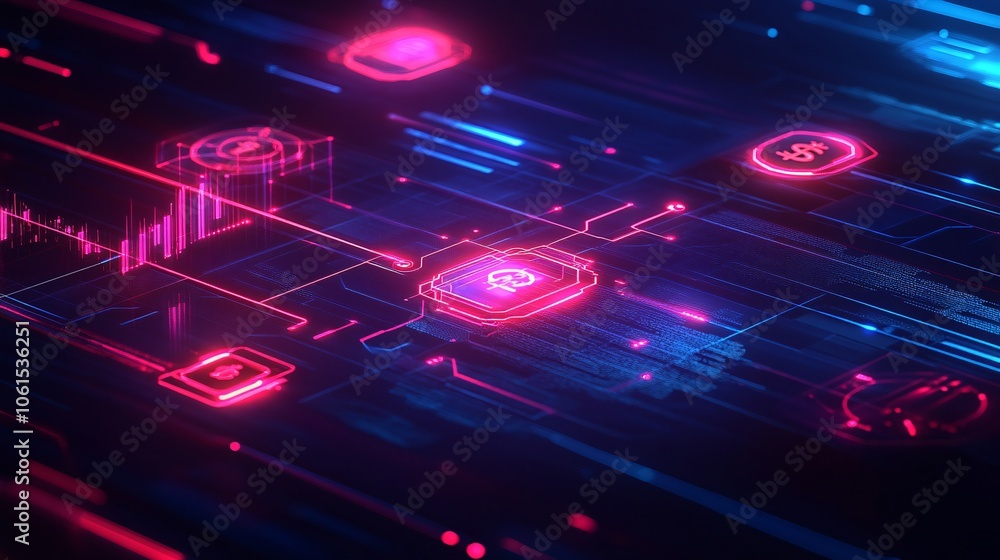 Poster Abstract graphic of a digital financial ecosystem with glowing lines connecting global currency symbols and financial icons over a dark blue background with empty space for text
