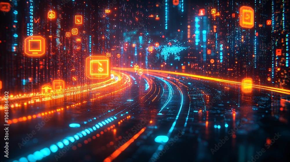 Poster futuristic financial technology concept with holographic digital currency symbols, a glowing world m
