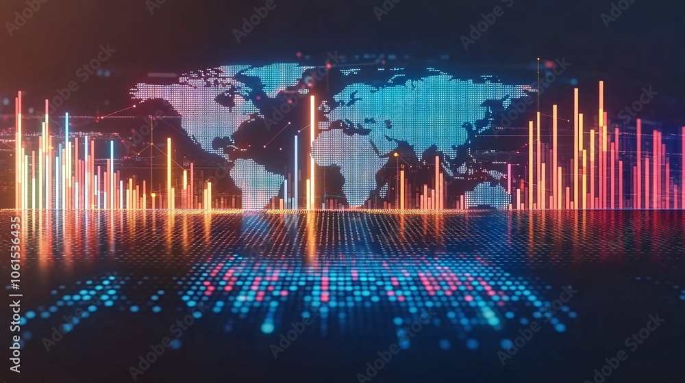 Poster Futuristic financial technology concept with holographic digital currency symbols, a glowing world map, and networked data streams representing global fintech with empty space for text