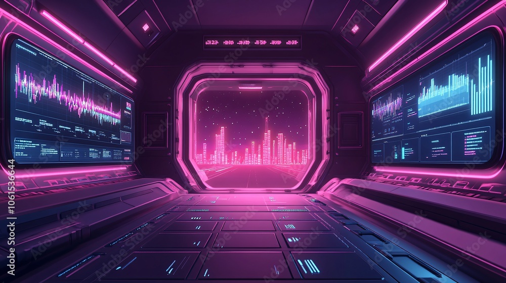 Aufkleber Virtual reality interface showing financial data visualizations in an immersive digital environment, emphasizing user engagement and advanced data analytics with empty space for text