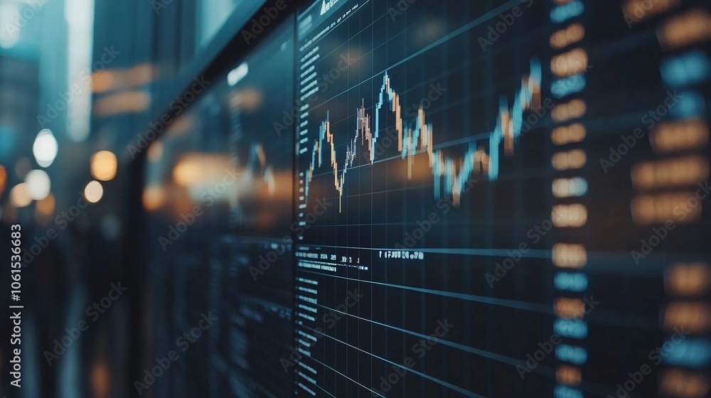 Leinwandbilder Image of a diverse team collaborating over a fintech project, discussing strategy with a screen displaying financial insights and blockchain visuals with empty space for text