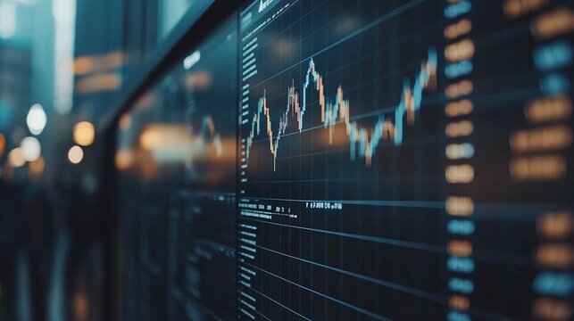 Image of a diverse team collaborating over a fintech project, discussing strategy with a screen displaying financial insights and blockchain visuals with empty space for text