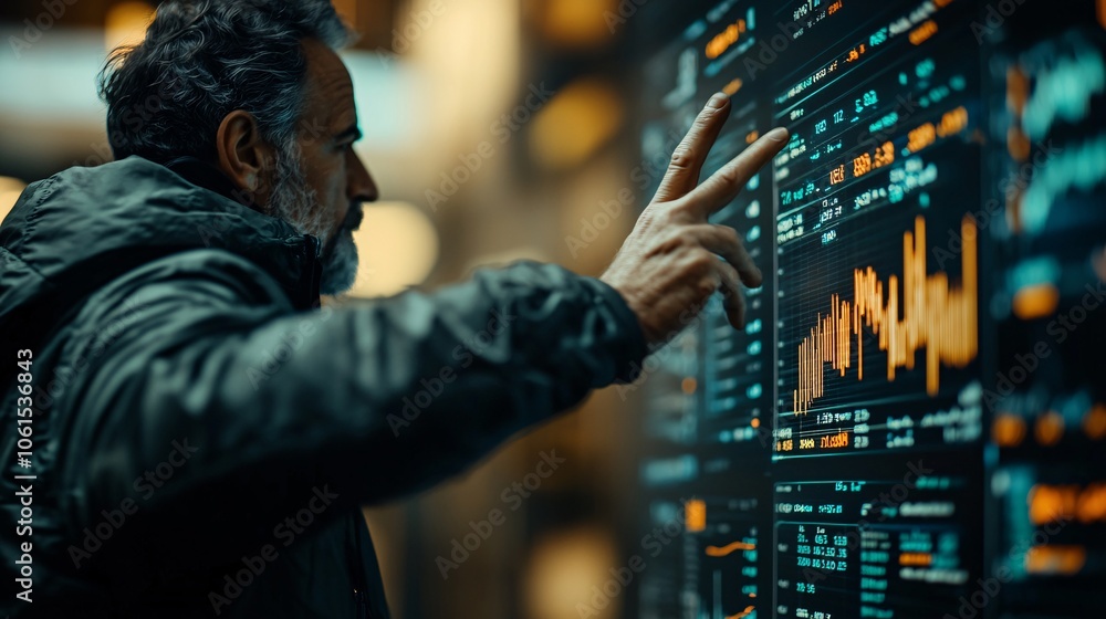Poster Financial data on a holographic dashboard being manipulated by hand gestures, showing innovative fintech interface design for efficient trading and analysis with empty space for text
