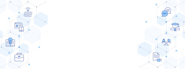 Education Banner Vector Illustration with Two-sided Icon Style. Line Duotone icon. Containing career, online education, mass, knowledge, internship, linguistics, graduate, radio