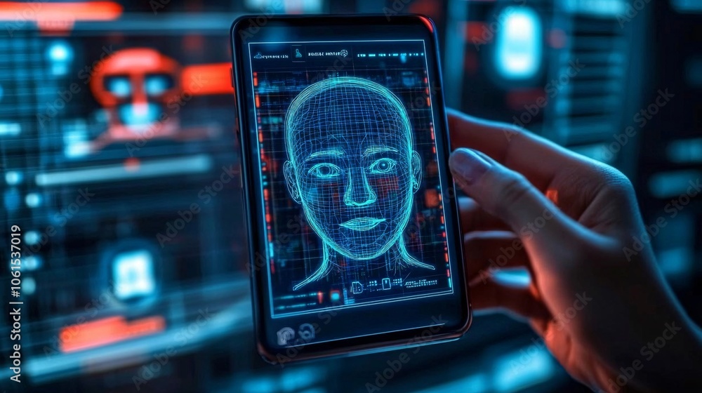 Poster Digital identity verification concept with a facial recognition system on a smartphone, highlighting security measures in digital banking with empty space for text