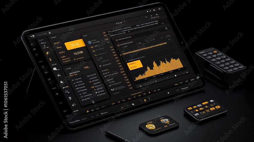 Aufkleber Graphical display of financial insights on a tablet screen, with investment opportunities, risk levels, and AI-driven recommendations with empty space for text