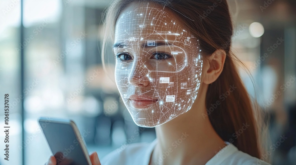 Poster Digital identity verification concept with a facial recognition system on a smartphone, highlighting security measures in digital banking with empty space for text