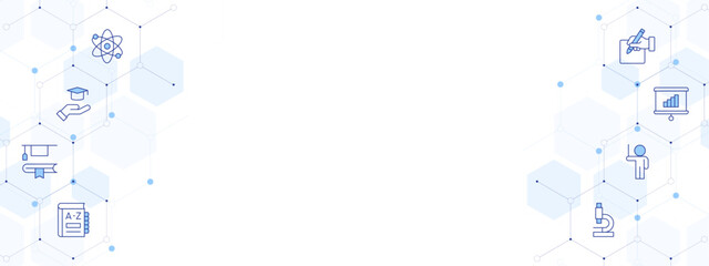 Education Banner Vector Illustration with Two-sided Icon Style. Line Duotone icon. Containing writing, atom, dictionary, lecturer, microscope, study, presentation, education