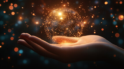 Hand holding a glowing digital network sphere on a dark background, a technology concept
