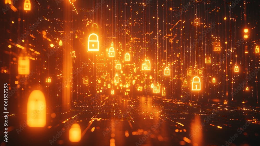 Fototapete Abstract image of data encryption in fintech, showing padlocks, secure keys, and layered security icons over a digital network with empty space for text