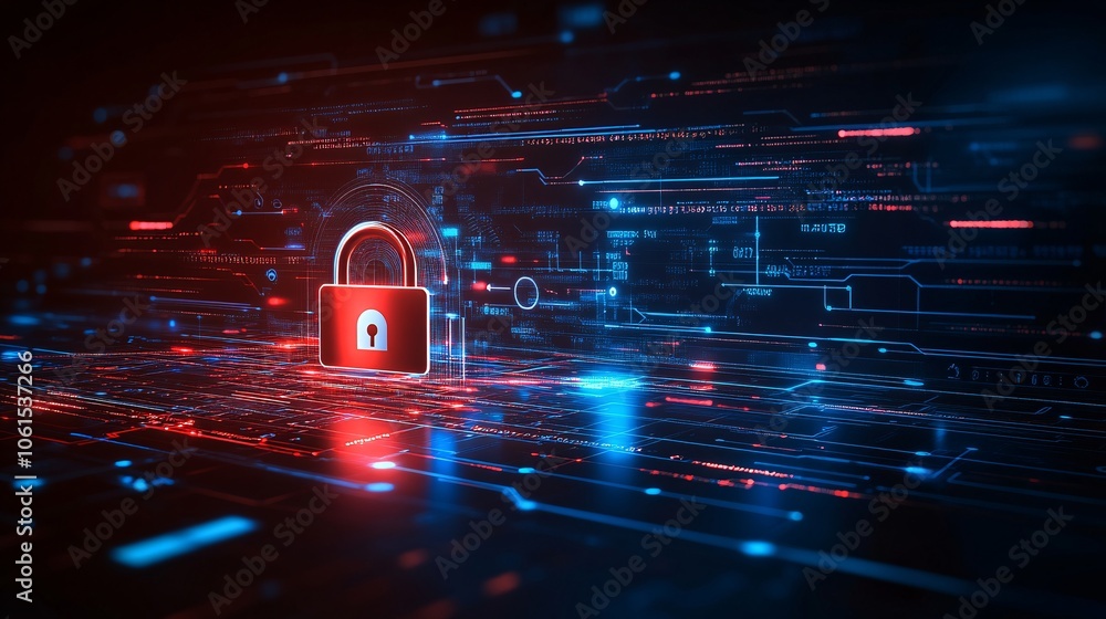 Poster Abstract image of data encryption in fintech, showing padlocks, secure keys, and layered security icons over a digital network with empty space for text