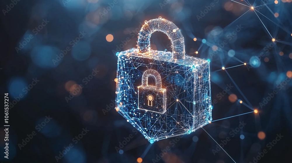 Fototapete Abstract image of data encryption in fintech, showing padlocks, secure keys, and layered security icons over a digital network with empty space for text