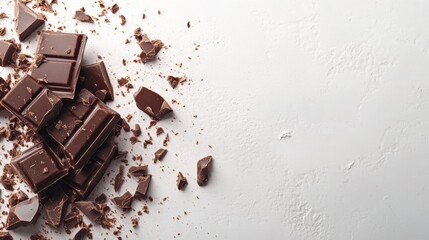 Fototapeta premium Dark Chocolate Pieces and Chunks on White Background