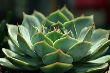 Fototapeta premium Macro photography highlighting the symmetrical, pointed leaves and subtle red tips of an echeveria succulent plant