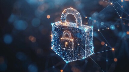 Abstract image of data encryption in fintech, showing padlocks, secure keys, and layered security icons over a digital network with empty space for text