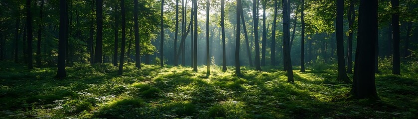 Obraz premium Sunlight Through Trees in a Forest