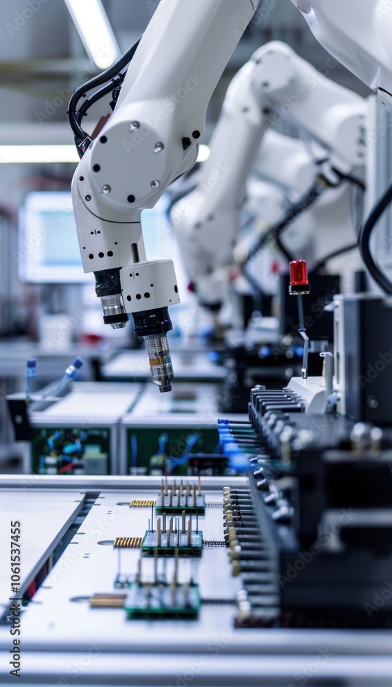 Poster advanced electronics manufacturing facility featuring robotic arms assembling ai microprocessors. th